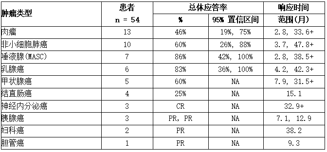 按肿瘤类型划分的疗效